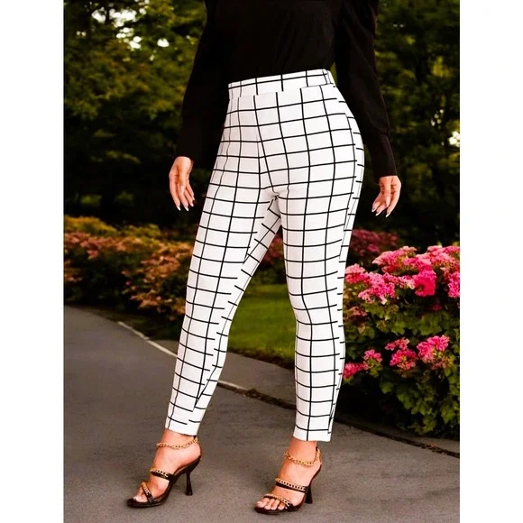 Pants Women 2X White Plaid‎ Plus Size Trousers - Picture 2 of 7
